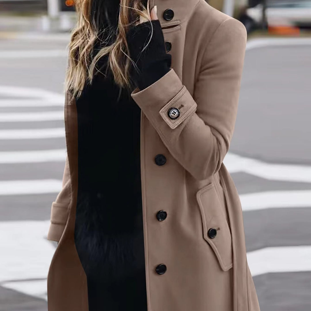 Women's Double-Breasted Trench Coat with High Standing Collar, Waist Belt and Cuff Detail Mune Fashion