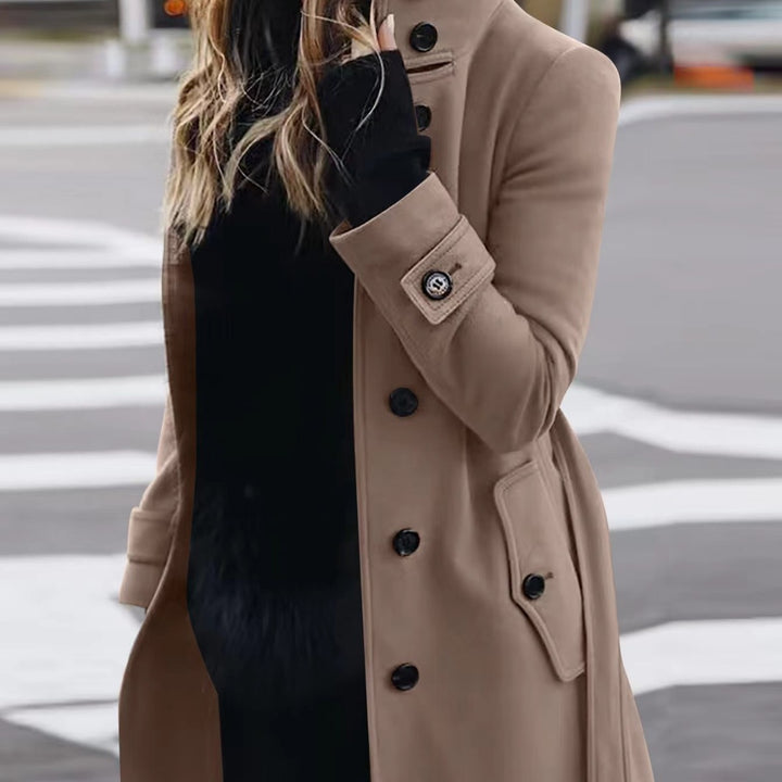 Women's Double-Breasted Trench Coat with High Standing Collar, Waist Belt and Cuff Detail Mune Fashion