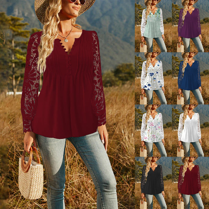 Women Loose Tunic Top with Lace Sleeves, Decorative Pleats and Button Placket Mune Fashion