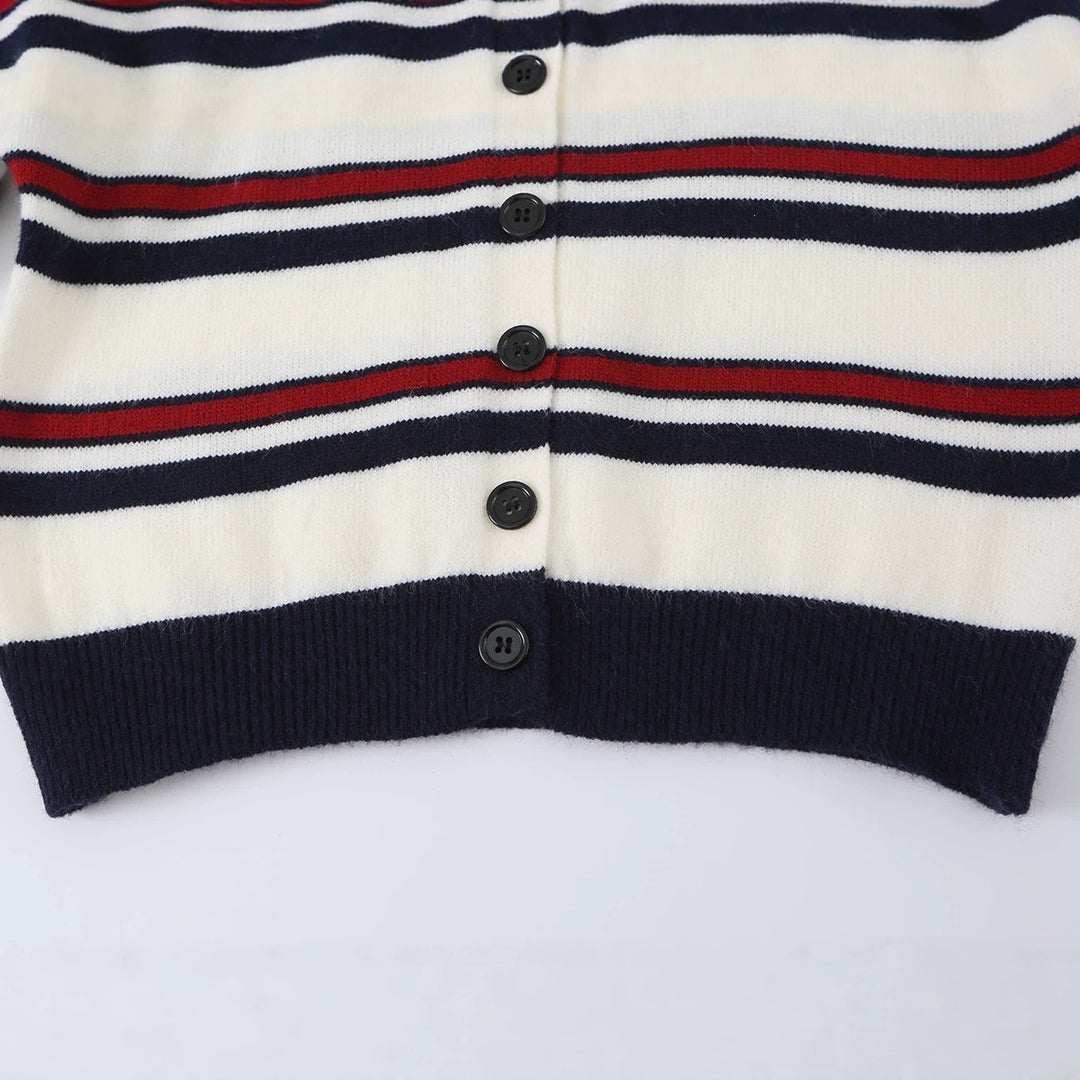 Ladies Striped Cardigan with Button Placket and Ribbed Hem Mune Fashion