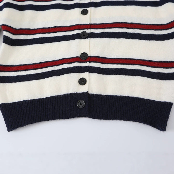 Ladies Striped Cardigan with Button Placket and Ribbed Hem Mune Fashion