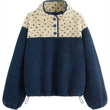 Women's teddy fleece pullover with stand-up collar, press button placket, and drawstring Mune Fashion