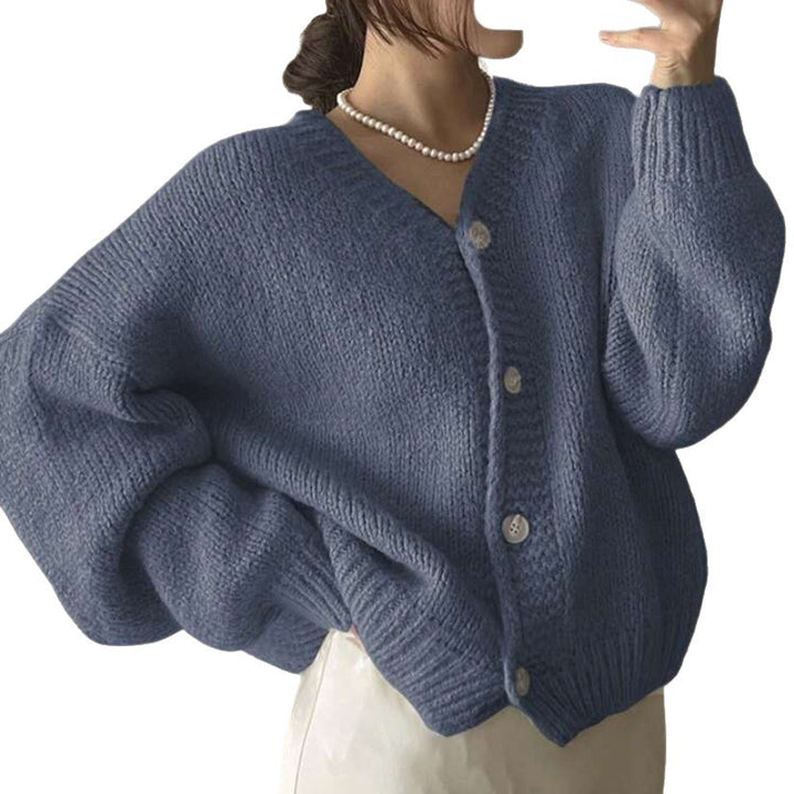 Women's Oversized Cardigan with Deep V-Neck, Balloon Sleeves, and Decorative Button Placket Mune Fashion