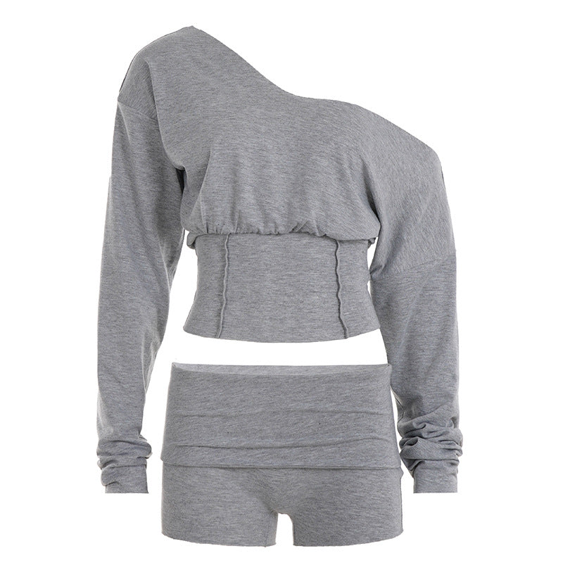 Women’s asymmetrical one-shoulder lounge set with fitted gathered crop top and high-waisted flap shorts Mune Fashion
