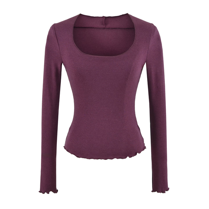 Women Fitted Long Sleeve Fine Knit Top with Square Neckline and Wave Hem Mune Fashion