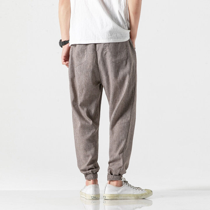Men's Casual Linen Blend Jogging Pants with Drawstring, Ribbed Textured Fabric and Elastic Cuffs Mune Fashion