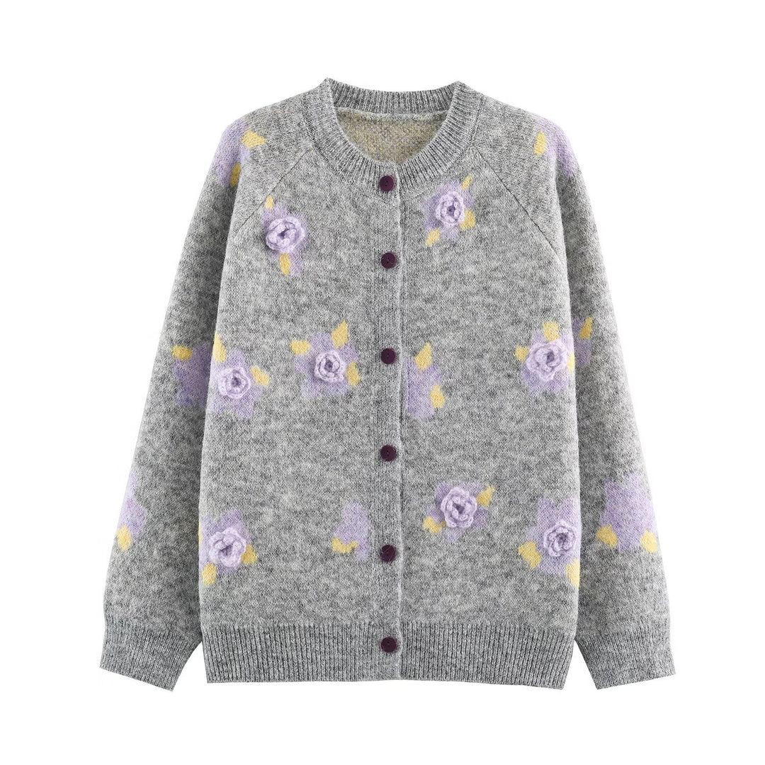 Women's Fine Knit Two-Piece Cardigan with Floral Jacquard and Tailored A-Line Knit Skirt Mune Fashion