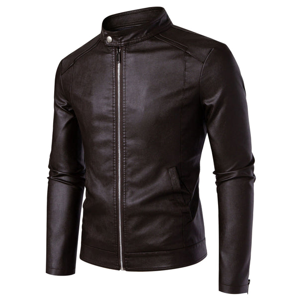 Men's Slim Faux Leather Bomber Jacket with Stand Collar, Fine Seam Design & Full Metal Zipper
