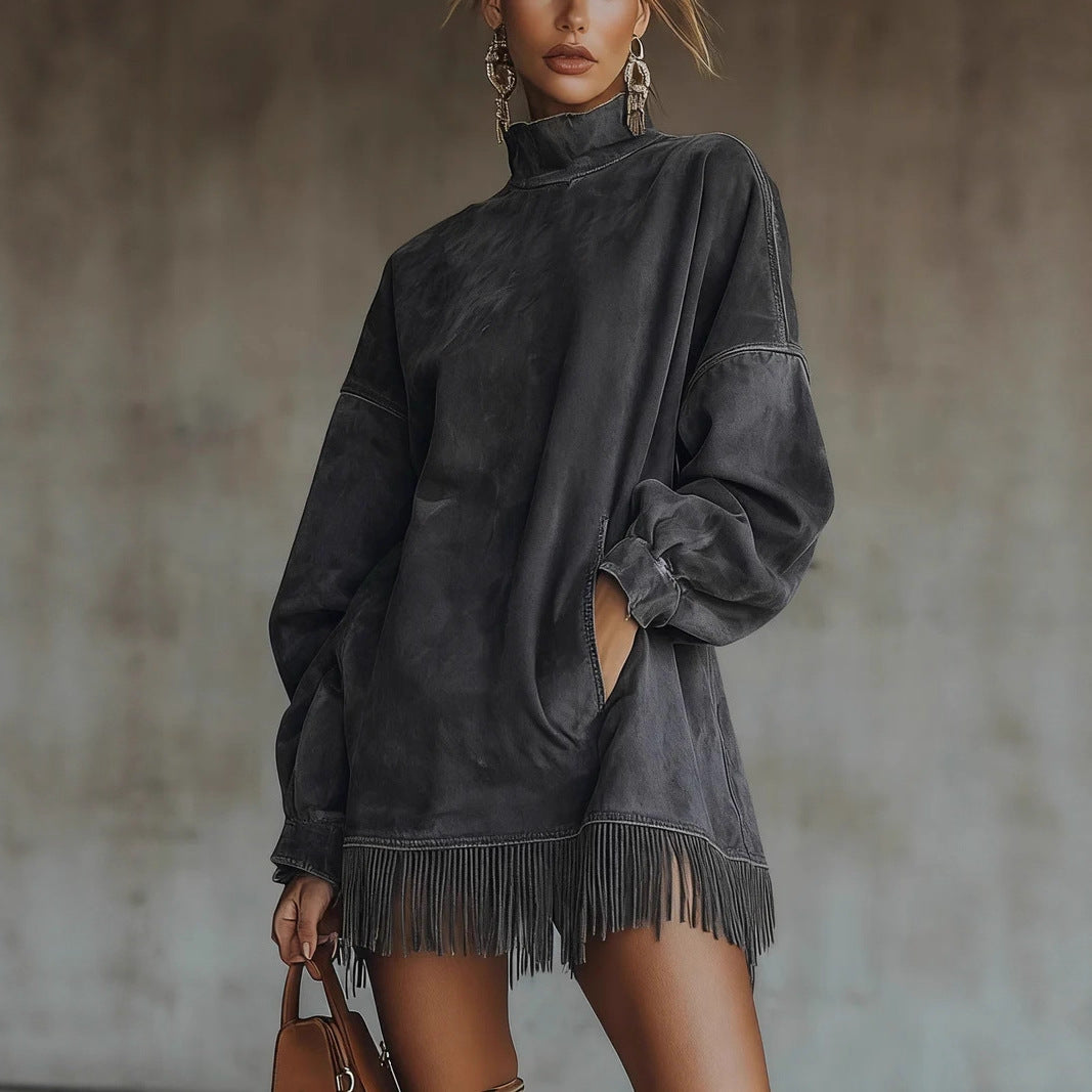 Women's oversized suede-look tunic with stand-up collar and fringes Mune Fashion