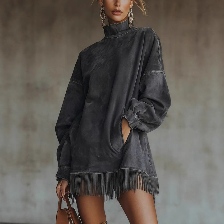 Women's oversized suede-look tunic with stand-up collar and fringes Mune Fashion
