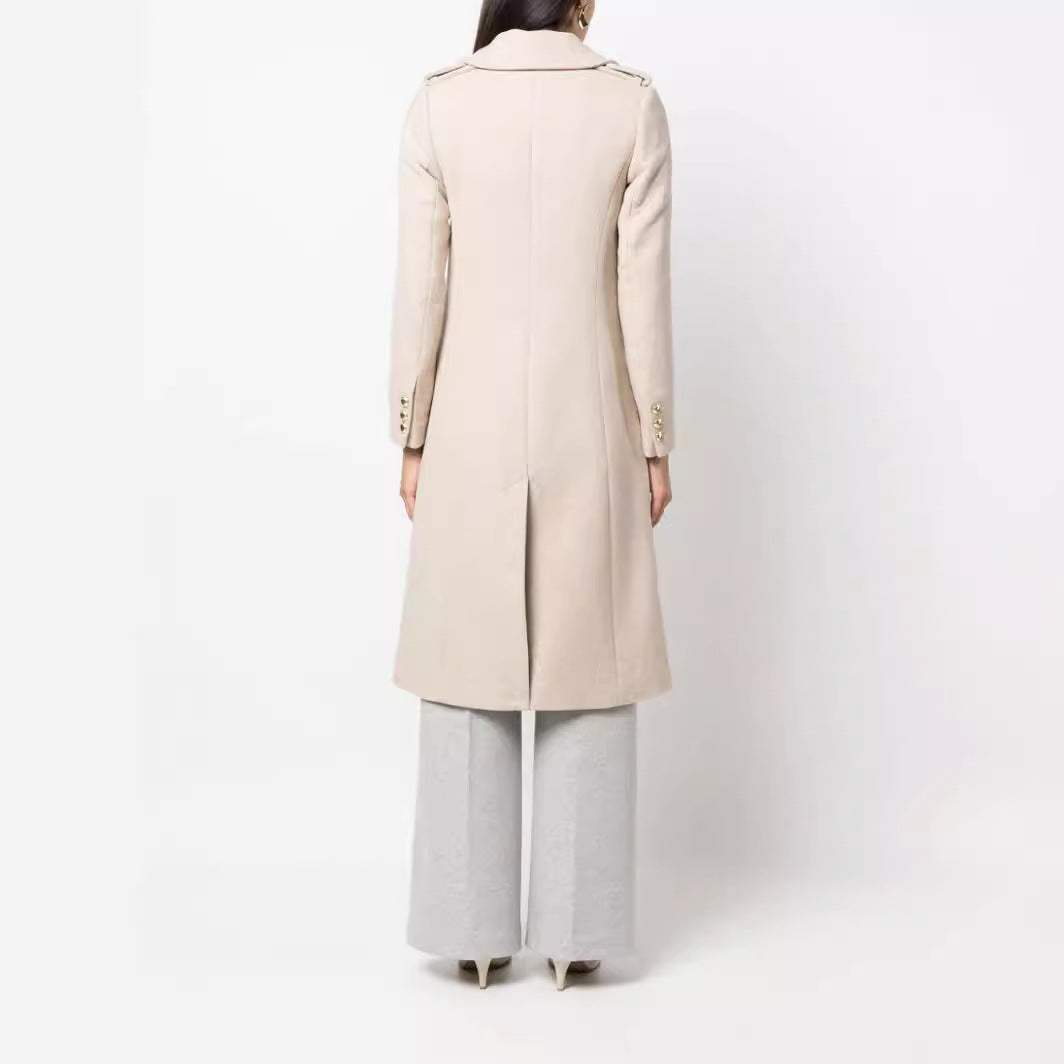 Women Mid-length double-breasted tailoring coat with fitted seam and decorative straps Mune Fashion