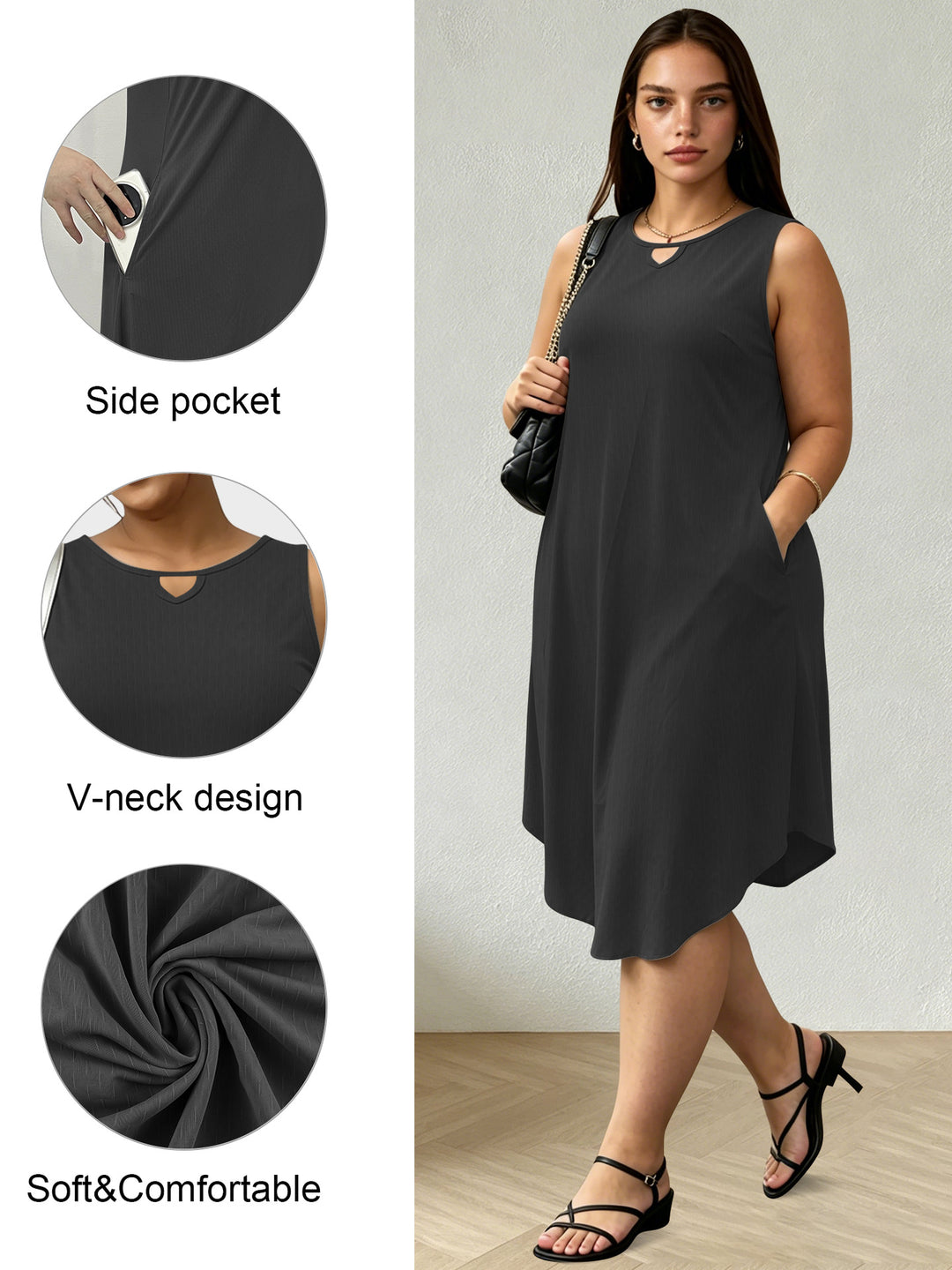 Women Sleeveless A-Line Midi Dress with Side Pockets and V-Neck Mune Fashion