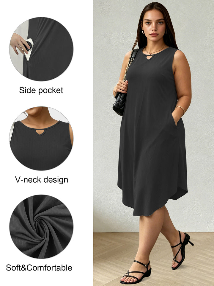 Women Sleeveless A-Line Midi Dress with Side Pockets and V-Neck Mune Fashion