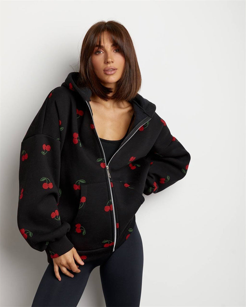 Women's playful hooded zip pullover with cherry print and oversized fit Mune Fashion