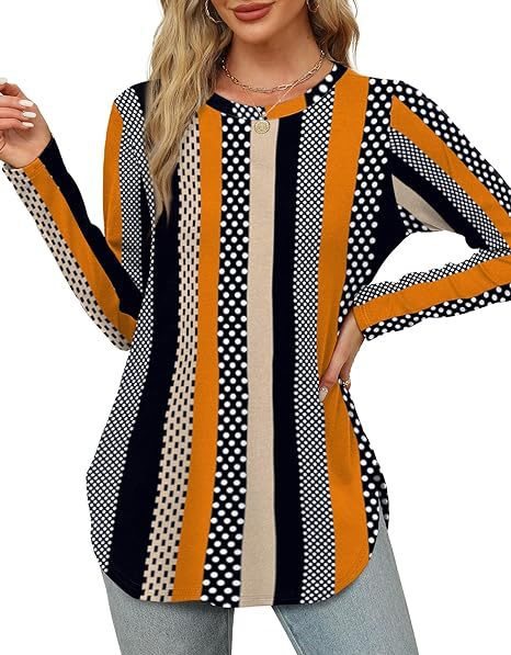 Women's Casual Long Sleeve Tunic Top with Round Neck, Side Slits and Watercolor Leaf Print Mune Fashion