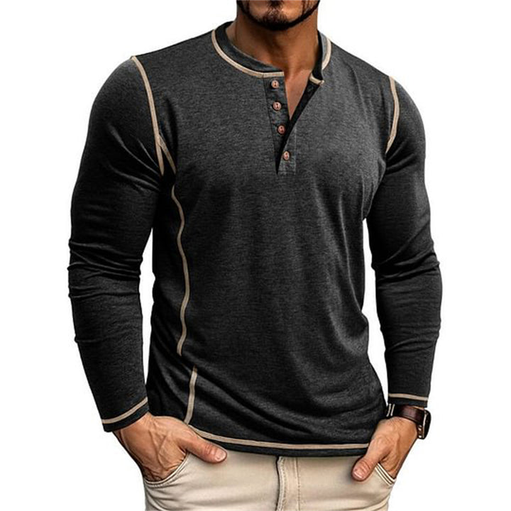 Men's Elastic Long Sleeve Henley Shirt with Contrast Stitching and Button Placket EB