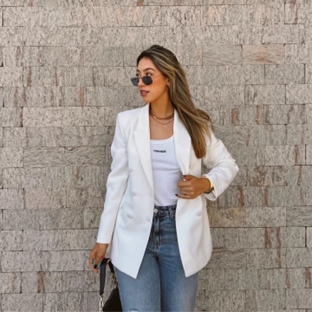Women Fitted Double-Breasted Long Blazer with Light Shoulder Pads and Clean Lapels Mune Fashion