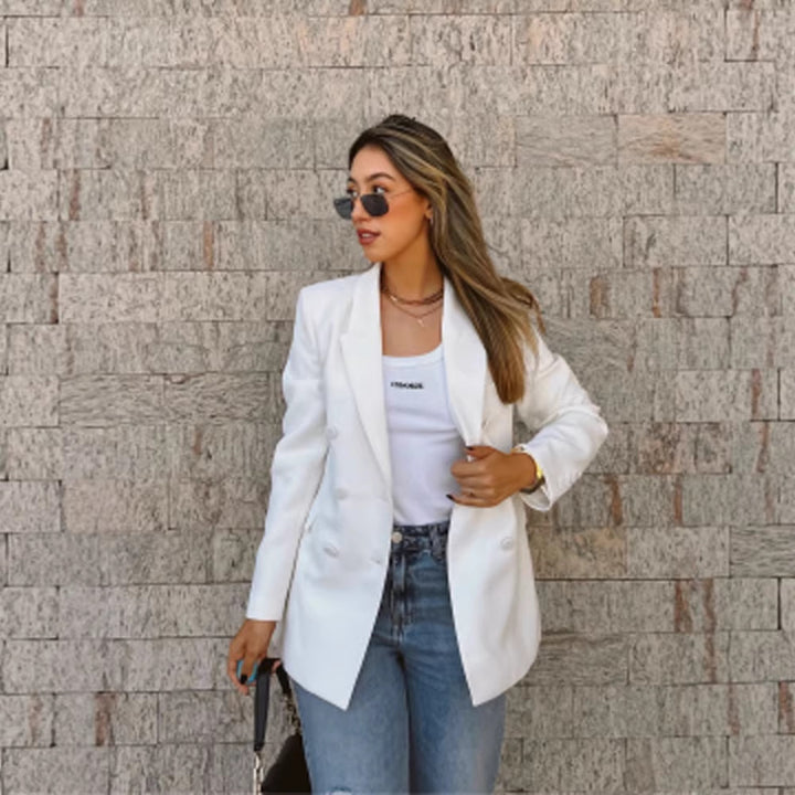 Women Fitted Double-Breasted Long Blazer with Light Shoulder Pads and Clean Lapels Mune Fashion