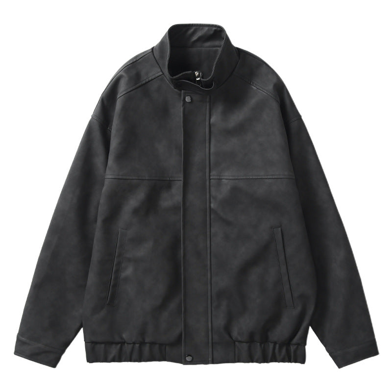 Men's Boxy Leather-Look Blouson with concealed zipper placket, stand collar, and elastic waistband Mune Fashion