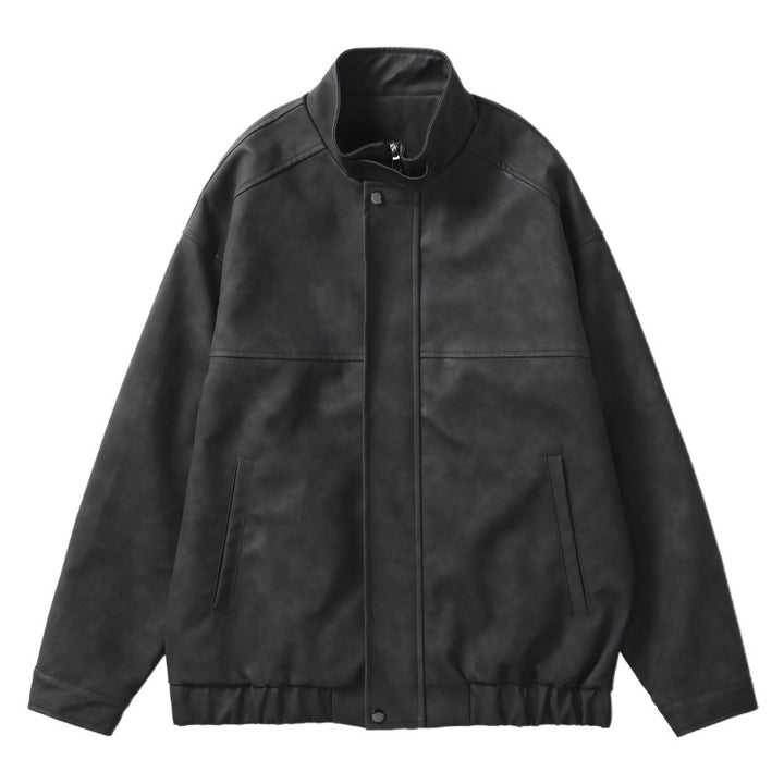 Men's Boxy Leather-Look Blouson with concealed zipper placket, stand collar, and elastic waistband Mune Fashion