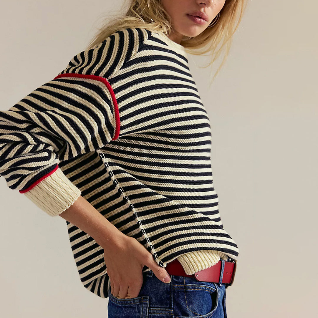 Women's Oversized Striped Knit Sweater with Wide Cut, Cuffs & Contrasting Piping Mune Fashion