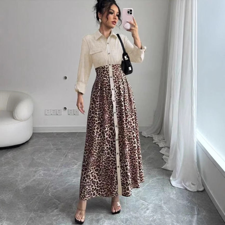 Women's Shirt Dress with Denim Top and Leopard Maxi Skirt Mune Fashion