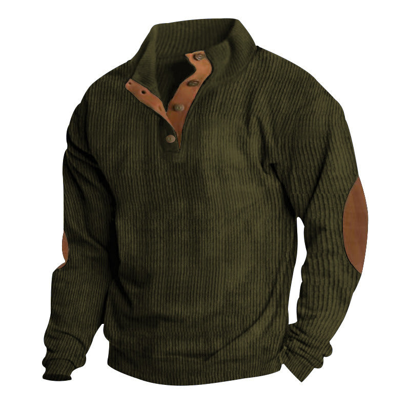 Men's rustic ribbed pullover with Henley collar and leather-like elbow patches Mune Fashion