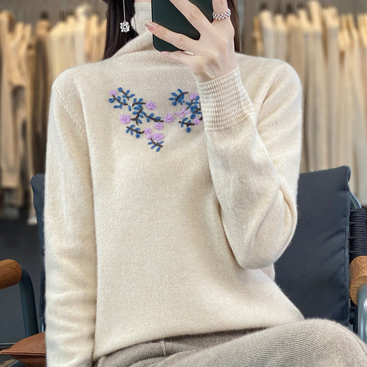 Women's Cashmere-Optics Turtleneck Sweater with Delicate Floral Embroidery on the Chest Area Mune Fashion
