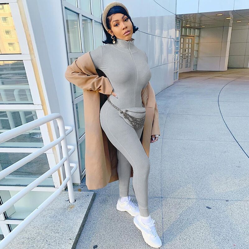 Women Figure-hugging Ribbed Knit Overall with Stand-up Collar and Front Zipper Mune Fashion