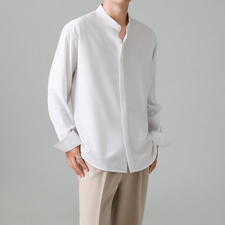 Men's Loose Stand Collar Shirt with Concealed Button Placket Mune Fashion