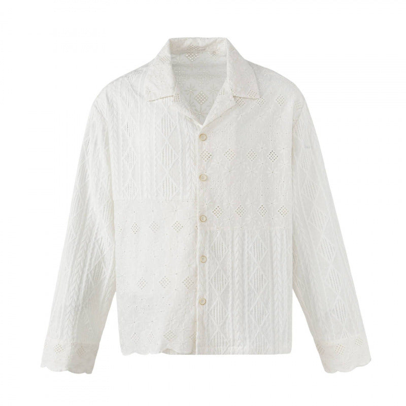 Women's Broderie-Anglaise Shirt Jacket in Boxy Cut with Shirt Collar and Button Placket Mune Fashion