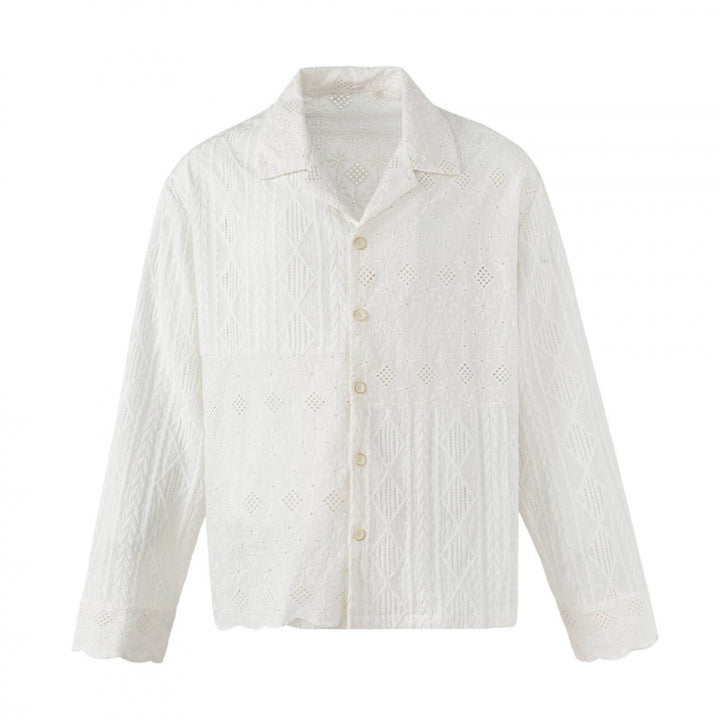 Women's Broderie-Anglaise Shirt Jacket in Boxy Cut with Shirt Collar and Button Placket Mune Fashion