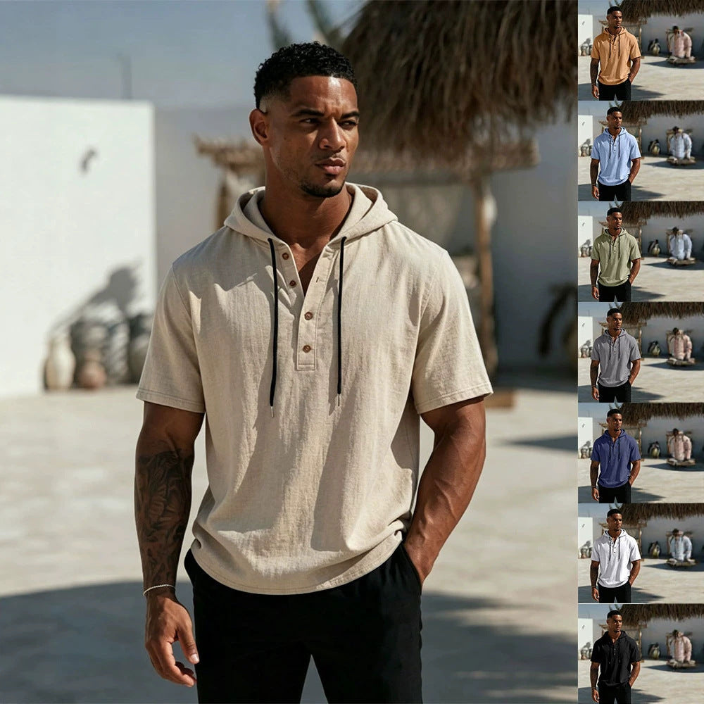 Men's Short Sleeve Hoodie Henley in Linen Look with Button Placket Mune Fashion