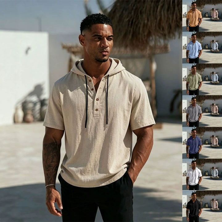 Men's Short Sleeve Hoodie Henley in Linen Look with Button Placket Mune Fashion