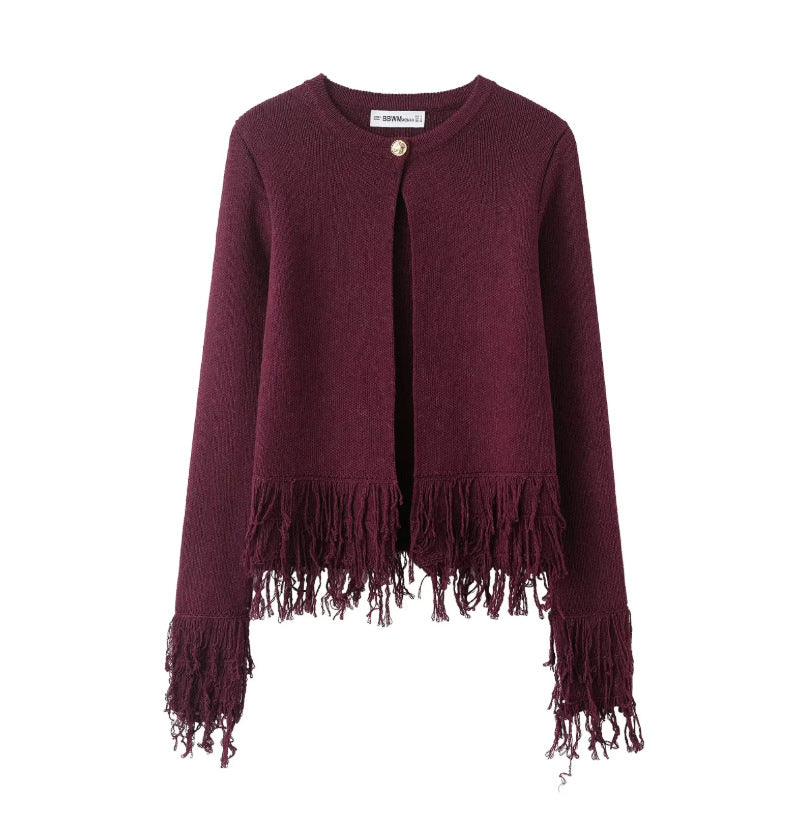 Women's Short Knitted Cardigan with Fringe Trim, Round Neckline and Single Button Closure Mune Fashion