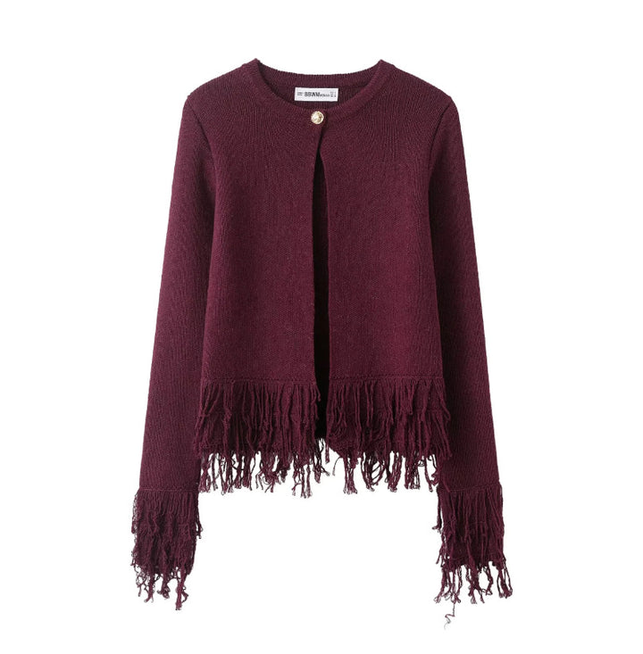 Women's Short Knitted Cardigan with Fringe Trim, Round Neckline and Single Button Closure Mune Fashion
