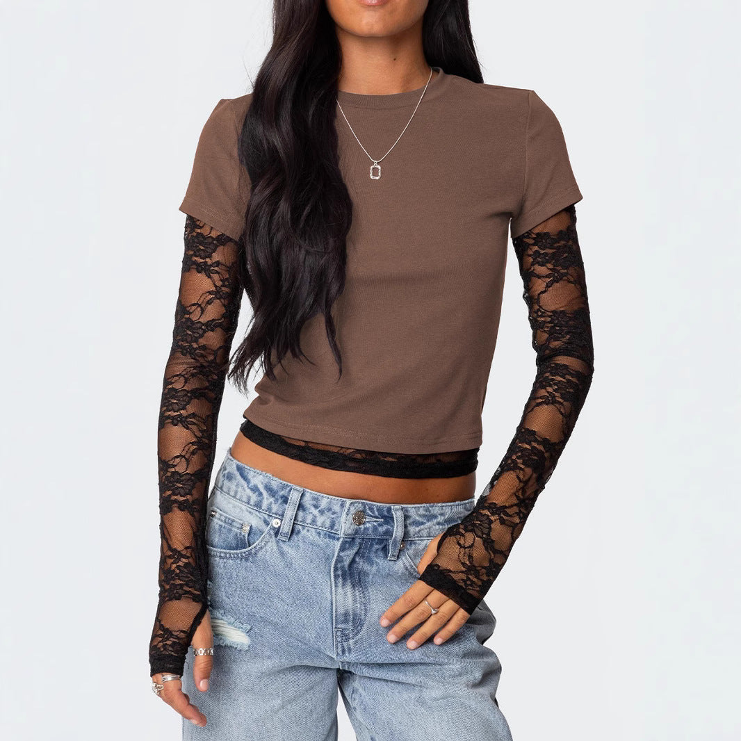 Women's Cropped T-Shirt with Transparent Lace Sleeves Mune Fashion