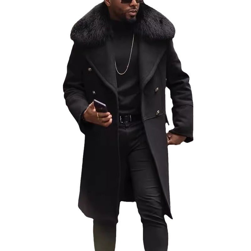 Men's Double-Breasted Wool Coat with Large Faux Fur Collar Mune Fashion