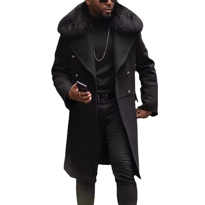 Men's Double-Breasted Wool Coat with Large Faux Fur Collar Mune Fashion