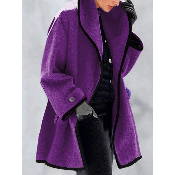 Women's A-line wool blend coat with hood and contrasting piping Mune Fashion