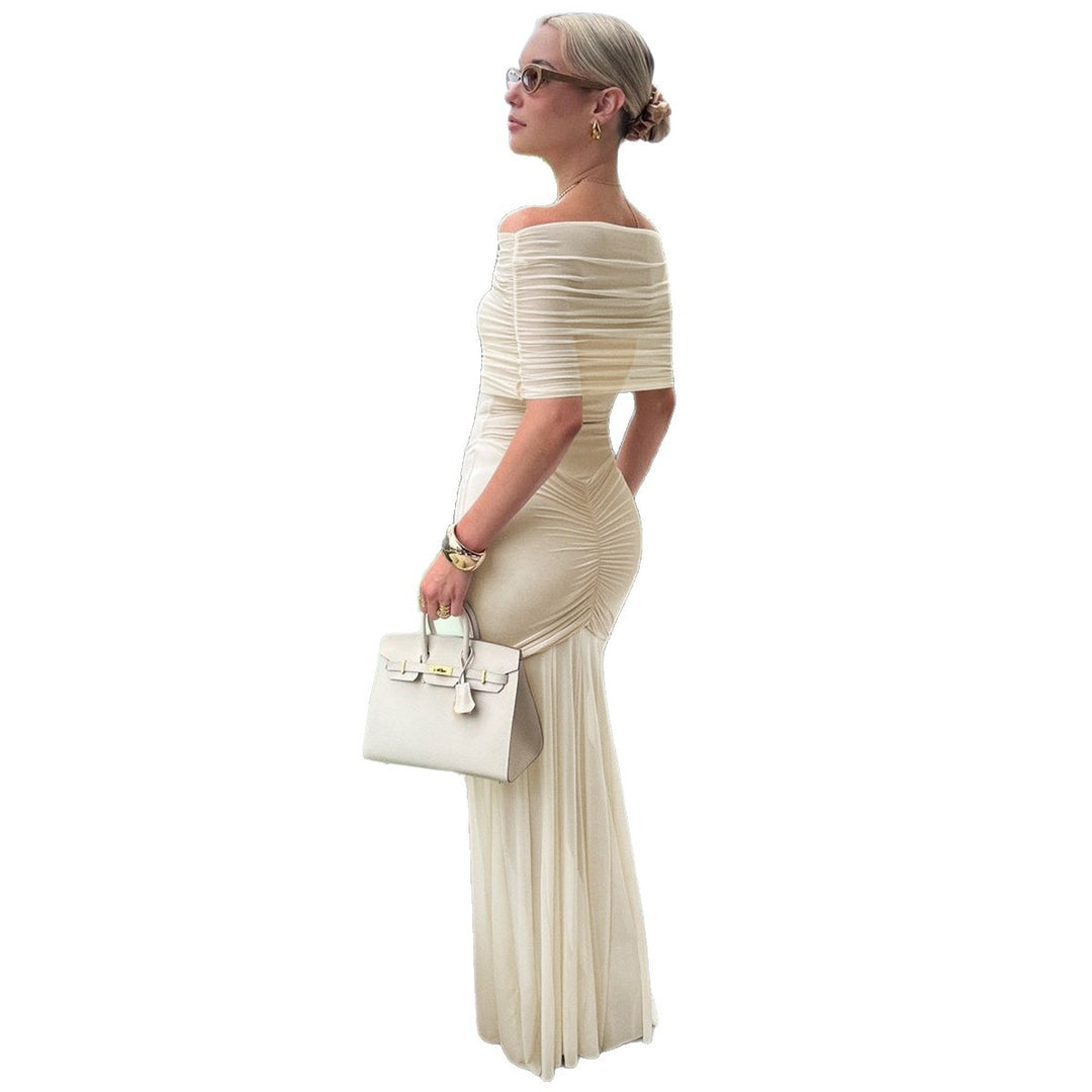 Women's off-the-shoulder evening dress with figure-hugging jersey underdress and sheer chiffon overlay Mune Fashion