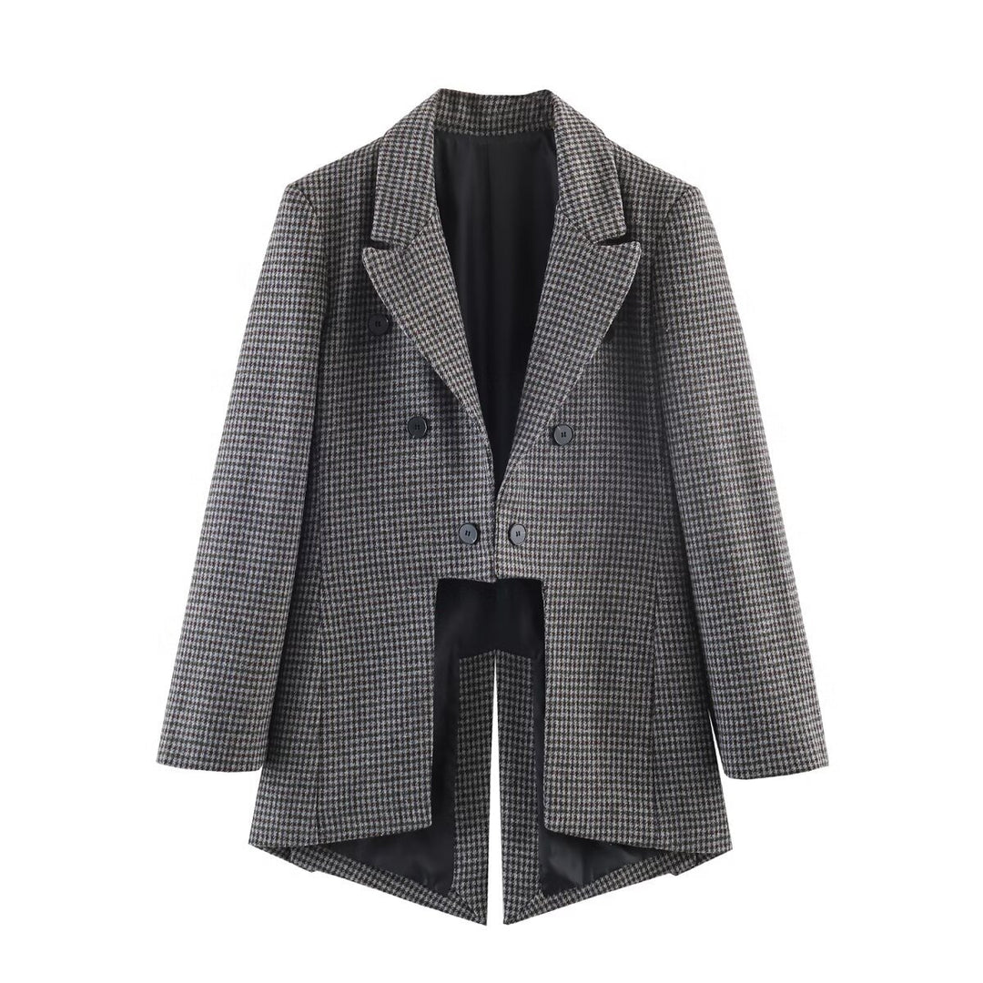 Women Double-breasted Houndstooth Blazer with Cutaway Hem and Vent Mune Fashion