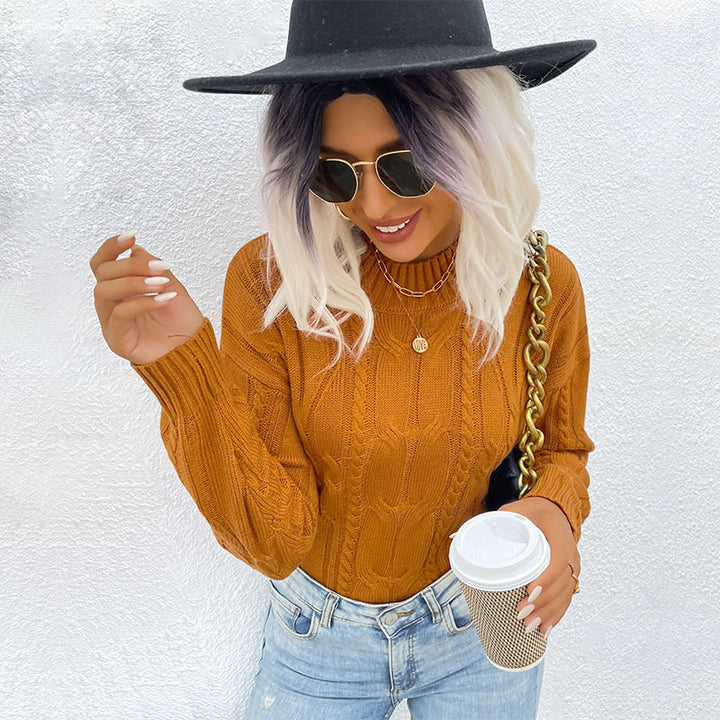 Ladies Short Cut Cable Knit Sweater with Standing Collar Mune Fashion