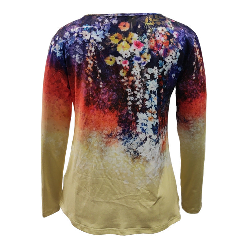 Women's Long Sleeve A-Line Shirt with Floral Watercolor Print and Round Neck Mune Fashion