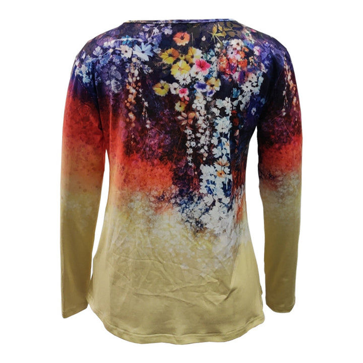 Women's Long Sleeve A-Line Shirt with Floral Watercolor Print and Round Neck Mune Fashion