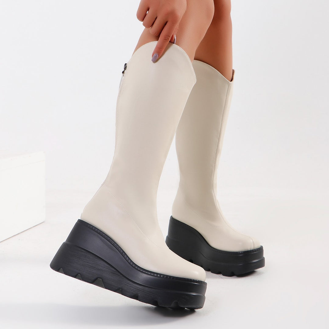 Women's Knee-High Platform Boots with Thick Lug Sole, Hidden Wedge Sole and Side Zipper Mune Fashion