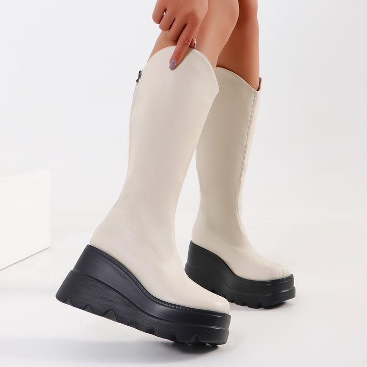 Women's Knee-High Platform Boots with Thick Lug Sole, Hidden Wedge Sole and Side Zipper Mune Fashion
