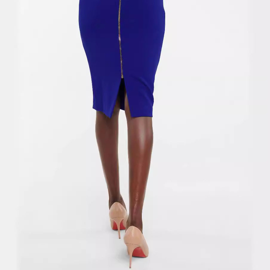 Women's figure-hugging midi dress with trumpet sleeves and round neckline Mune Fashion