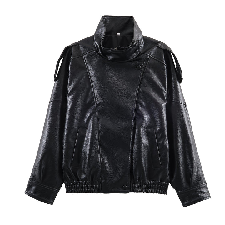 Women's Short Oversized Bomber Jacket in Vegan Leather Look with High Funnel Neck Mune Fashion