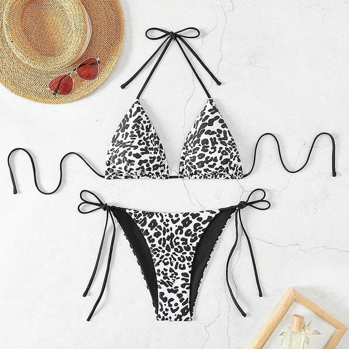 Ladies triangle bikini set with fashionable animal print and adjustable ties Mune Fashion